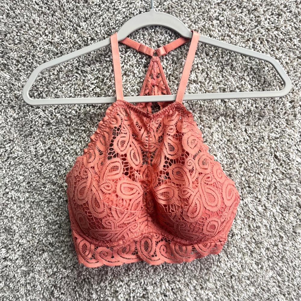PINK by Victoria's Secret Bra Women's M Coral Lace High Neck Racerback Push-Up